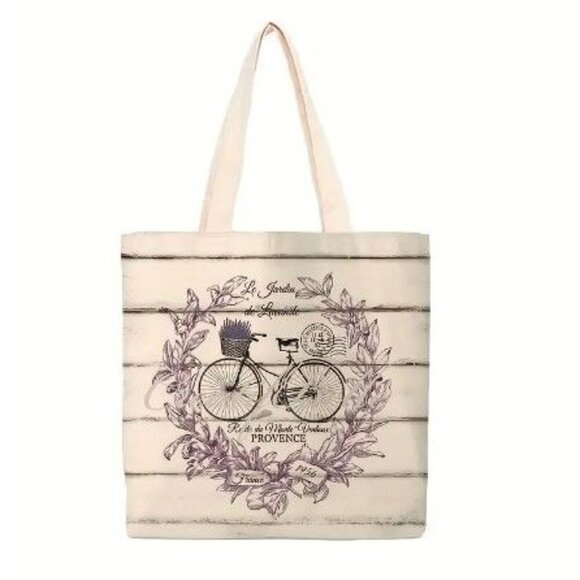 Linen Bicycle in Center of Wreath Shopping Bag Tote Double Handle - Picture 1 of 1